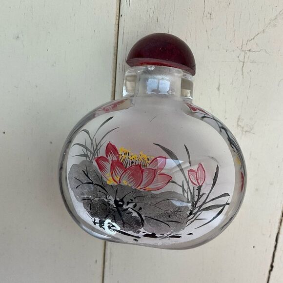 Vintage Inside Painted Glass Snuff Bottle Floral In Box - Picture 3 of 5